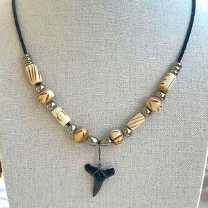Fossilized Shark Tooth Cord Necklace Surfer Unisex